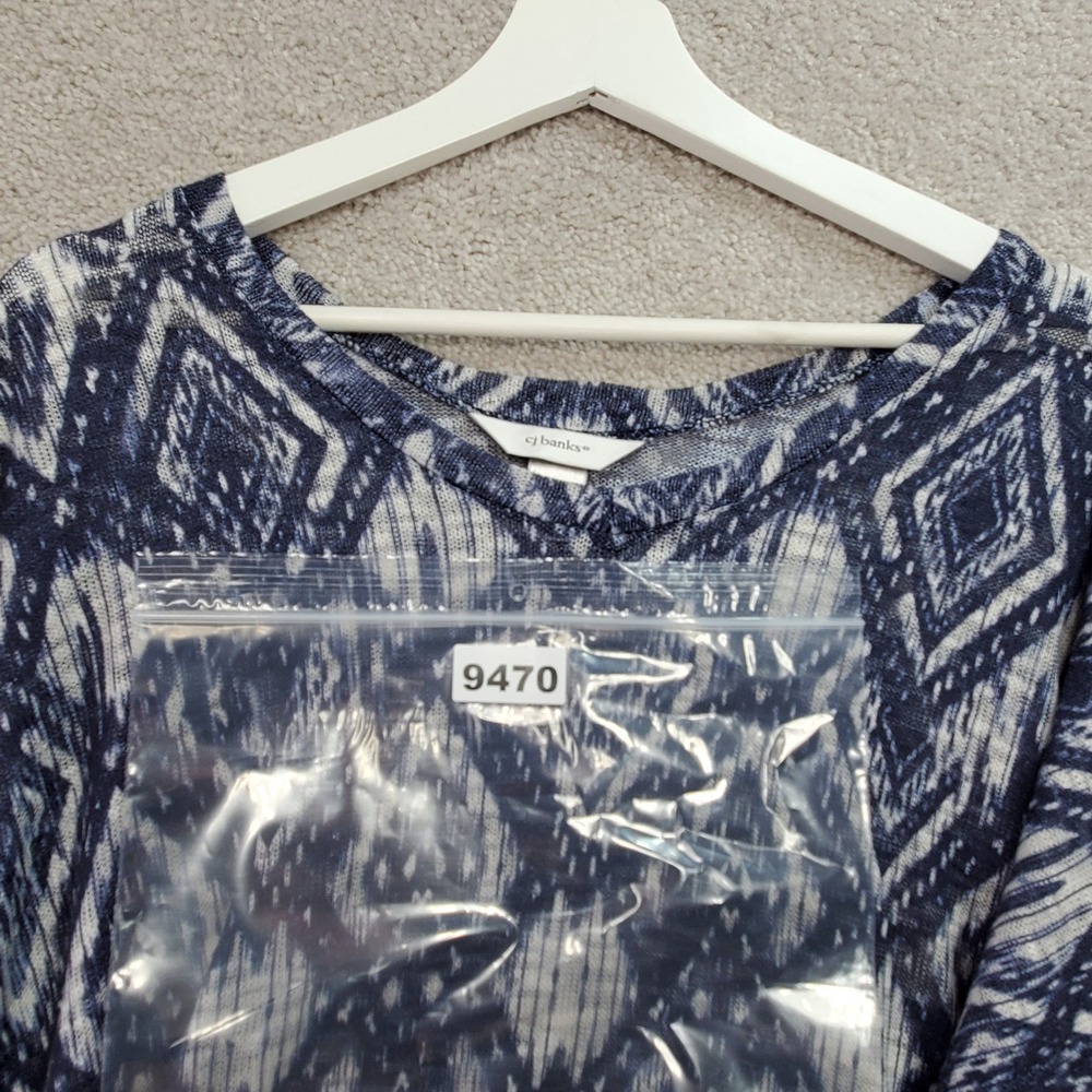 CJ Banks Blue White Ikat Diamond Print Short Sleeve Tunic Top Plus Size 2X - Picture 10 of 10